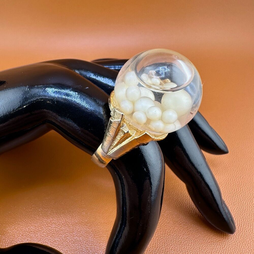 Vintage Orb Ring Lucite Floating Pearlescent Balls Pools of Light Gold Tone